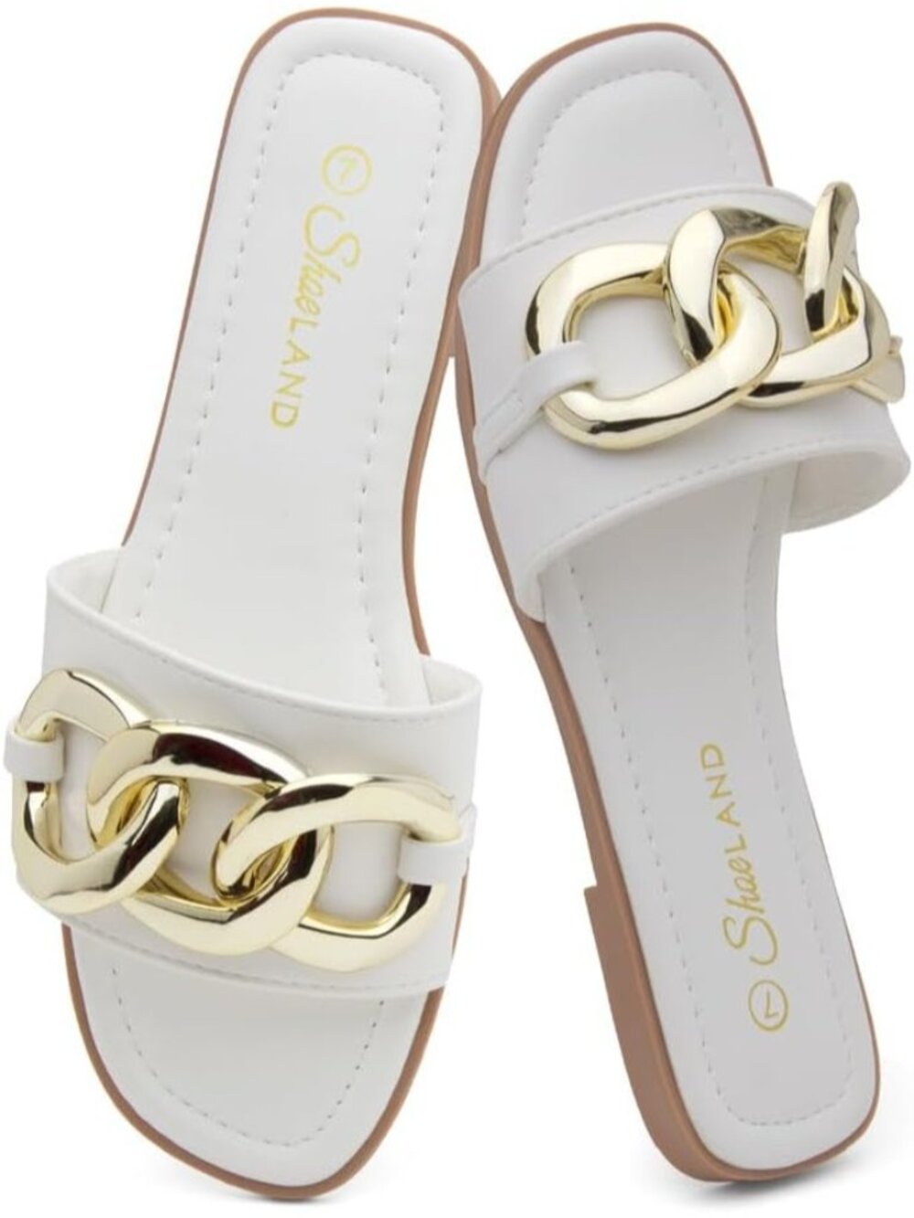 Women's White Dressy Slides with Metal Chain Square Open Toe Sandal Summer Flat